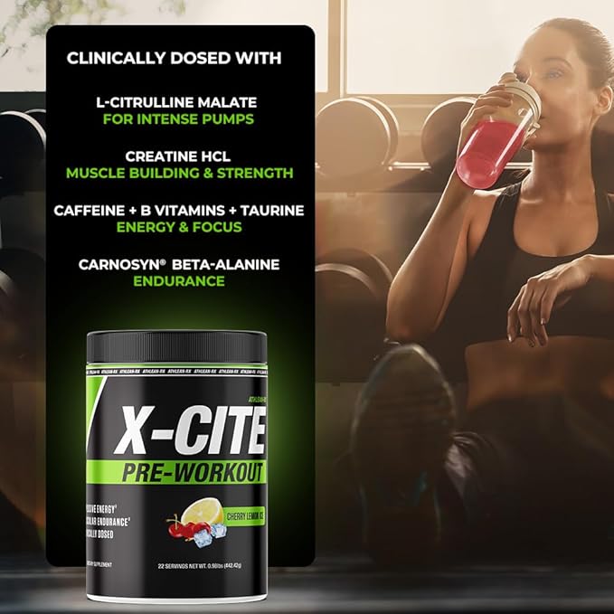 X-CITE Pre-Workout by ATHLEAN-X - Enhanced Formula with Beta-Alanine, Creatine & Caffeine for Ultimate Energy, Endurance, Focus & Muscle Pump, NSF Certified (22 Servings, Cherry Lemon Ice)