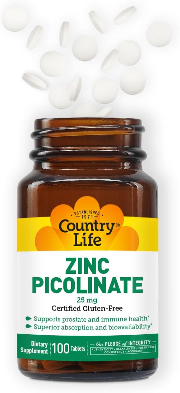 Country Life Zinc Picolinate 25 mg - Superior Absorption Zinc Supplement for Immune Support, Prostate Health & Cellular Wellness - Certified Gluten-Free, Vegan & Halal, Non-GMO - 100 Tablets