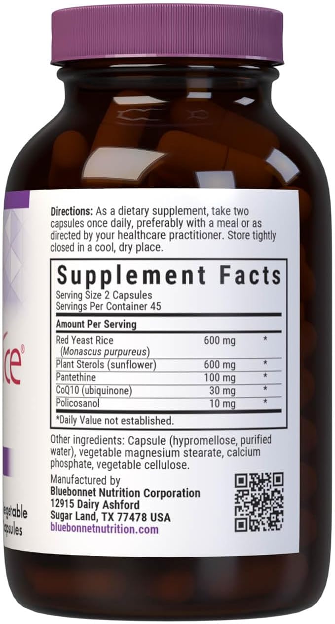 Bluebonnet Nutrition CholesteRice Vegetable Capsules, Red Yeast Rice, Plant Sterols, Pantethine, CoQ10, Policosanol, Vegan, Vegetarian, Non GMO, Gluten Free, Milk Free, SOY-FREE, 90 Vegetable Capsules