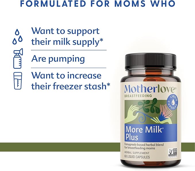 Motherlove More Milk Plus (60 Liquid caps) Fenugreek-Based Lactation Supplement to Support Breast Milk Supply—Non-GMO, Organic Herbs, Vegan, Kosher, Soy-Free