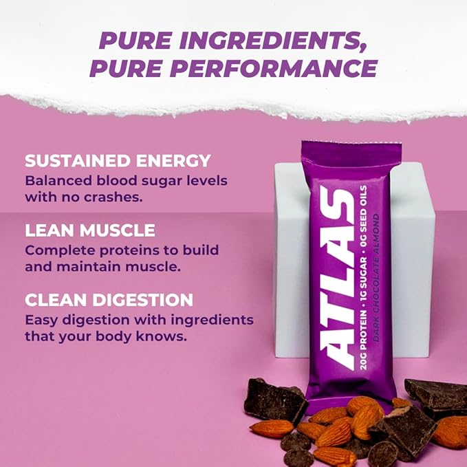 Atlas Protein Bar, 20g Protein, 1g Sugar, Clean Ingredients, Gluten Free (Dark Chocolate Almond, 12 Count (Pack of 1))