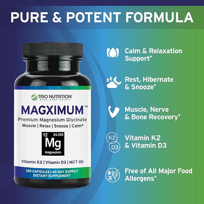 Trio Nutrition MagX Magnesium Glycinate, Vitamin D3, Vitamin K2 & MCT Oil | Chelated Magnesium Supplement | Calm, Relaxation & Recovery | Be Well Rested & Start Your Day with Magximum