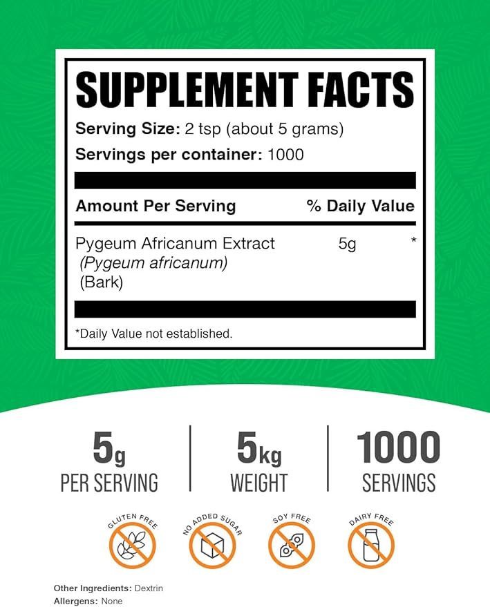 BulkSupplements.com Pygeum Africanum Extract Powder - from Pygeum Bark - Gluten Free, 5000mg per Serving, 5kg (11 lbs) (Pack of 5)
