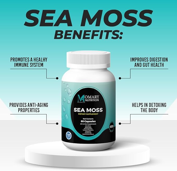 Sea Moss, Black Seed, Ashwagandha, Turmeric, Burdock, Vitamin C, Vitamin B3, Multimineral Blend, All-in-One Supplement for Men and Women, Vegan, Gluten Free, Non-GMO, 60 Capsules