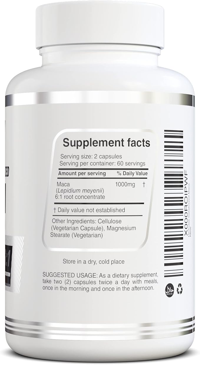 Peruvian Maca Root Powder Capsules for Men and Women with Organic Black Maca, Red Maca, Yellow Maca Root Extract Capsules, Gelatinized 2000 mg Per Day, Lepidium Meyenii, Peruvian Ginseng, Vegan Pills