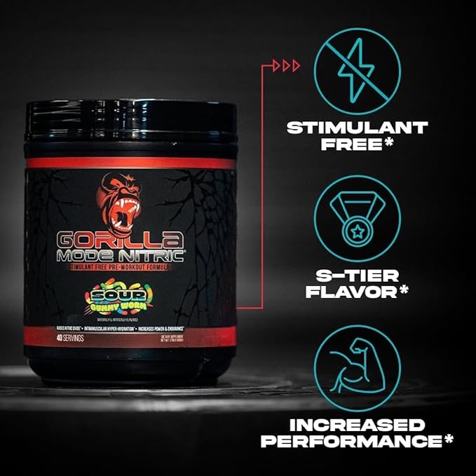 Gorilla Mode Nitric Upgraded Stimulant Free Pre-Workout – Best Tasting and Most Effective Stimulant Free Pre-Workout/Massive Pumps · Vasodilation · Power / 780 Grams (BlackBerry Lemonade)