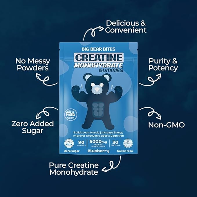 Creatine Monohydrate Gummies for Men & Women | 5000mg of Creatine Gummies per Serving | Sugar Free Gummies, Gluten Free & Halal | Pack of 90 Pre Workout Gummies | Blueberry Flavor
