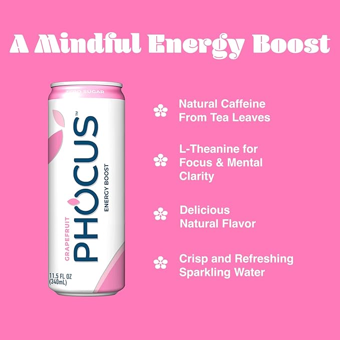 PHOCUS Energy Drink, Grapefruit Sparkling Water, 75mg Natural Caffeine Plus L-Theanine, Zero Sugar, Zero Calories, No Artificial Sweeteners, 11.5 fl oz Cans (Pack of 12)