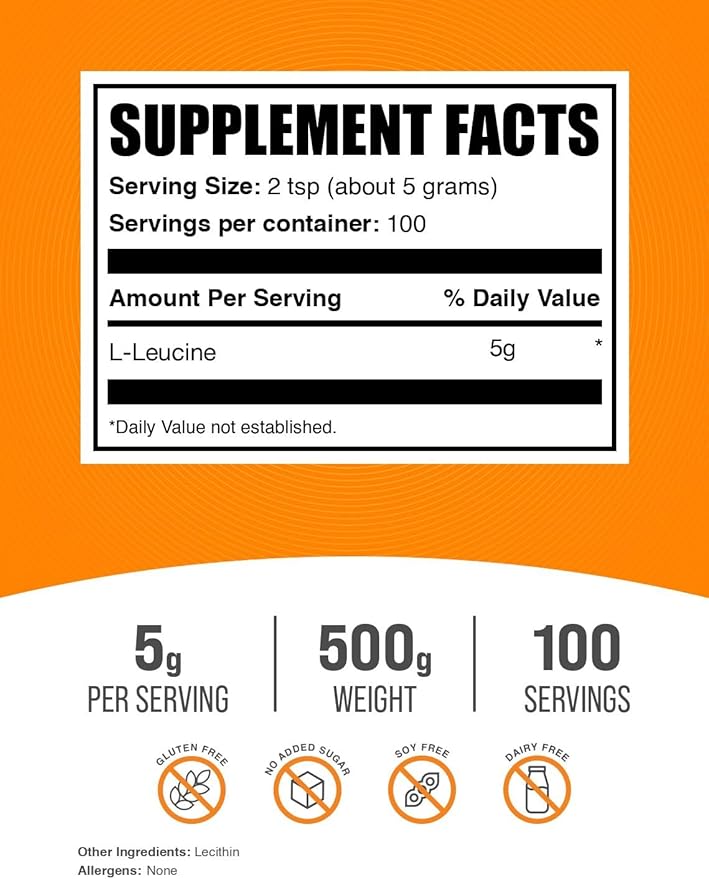 BulkSupplements.com L-Leucine Powder - Leucine Supplements, Leucine Amino Acid - BCAA Supplements, Leucine Powder - Unflavored & Gluten Free, 5000mg per Serving, 500g (1.1 lbs)