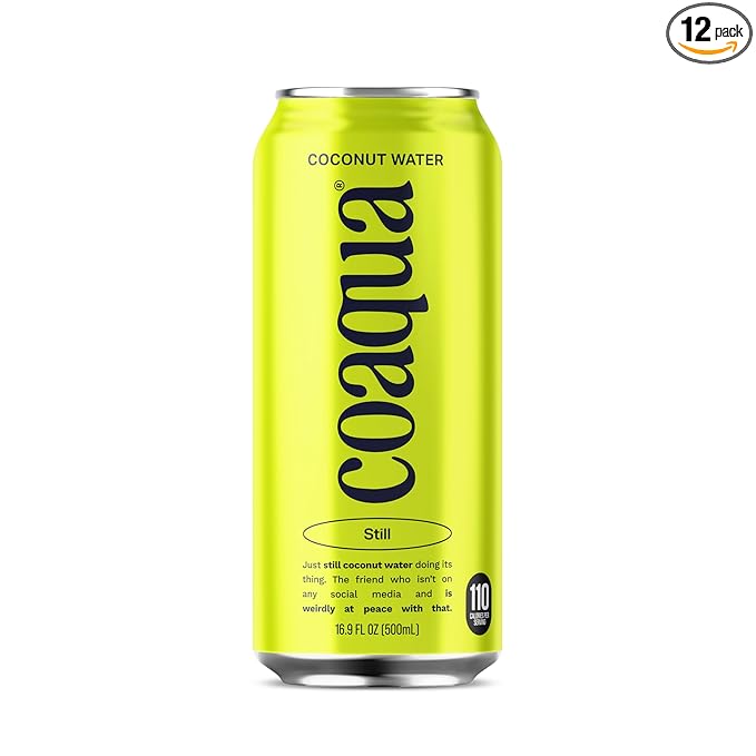CoAqua Organic Coconut Water, 12 Pack, Natural Electrolytes for Hydration, Naturally Sweet Electrolyte Drink Potassium, Pure Coconut Water Not from Concentrate, Fat Free, Low Sugar, 16.9 Fl Oz Cans