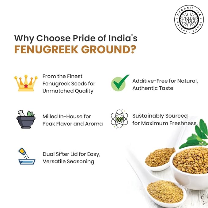 Pride of India - PACK of 6 - Fenugreek Seed Ground – Gourmet Indian Spice – Vegan, Gluten & GMO-Free – Ideal for Cooking & Meat Seasoning – Easy to Use – 7 oz. Medium Dual Sifter Jar