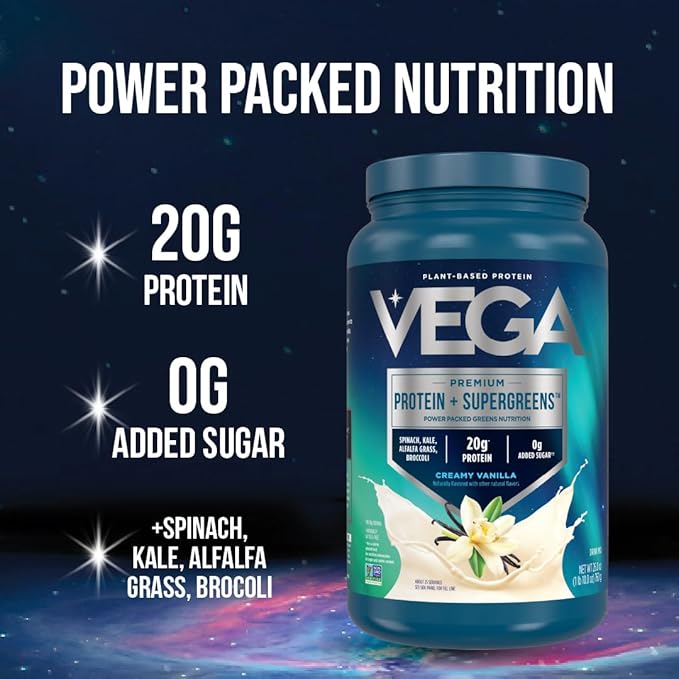 Vega Protein and Greens Protein Powder, Vanilla - 20g Plant Based Protein Plus Veggies, Vegan, Non GMO, Pea Protein for Women and Men, 1.7 lbs (Packaging May Vary)