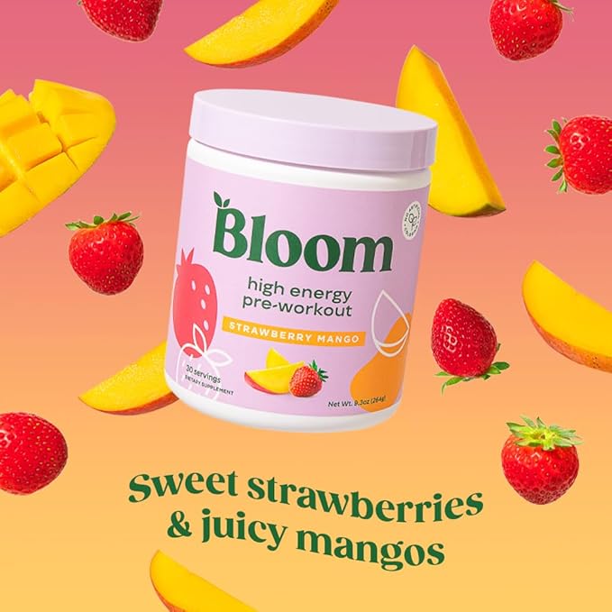Bloom Nutrition High Energy Pre Workout with Beta Alanine, Ginseng and L Tyrosine for Amino Energy, Natural Caffeine Powder from Green Tea Extract, Keto, Sugar Free Drink Mix, Strawberry Mango