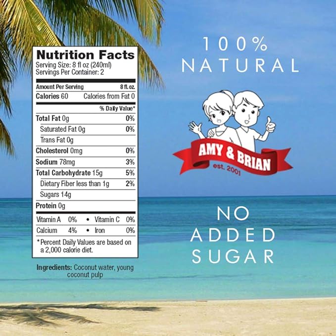 Amy & Brian Pure Coconut Water with Pulp, Non-GMO, No Sugar Added, Refreshing and Hydrating Real Coconut Water, 17.5 Fl Oz (Pack of 12)