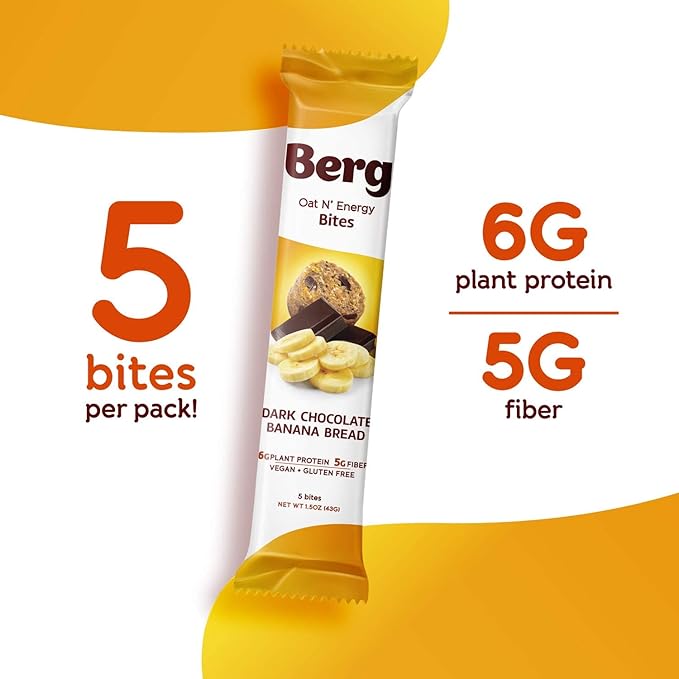 Berg Oat N' Energy Bites - Dark Chocolate Banana Bread - Non-GMO, Gluten Free, Dairy Free, Soy Free and Vegan - Clean Energy Snack - 1.5oz, (8 Pack)