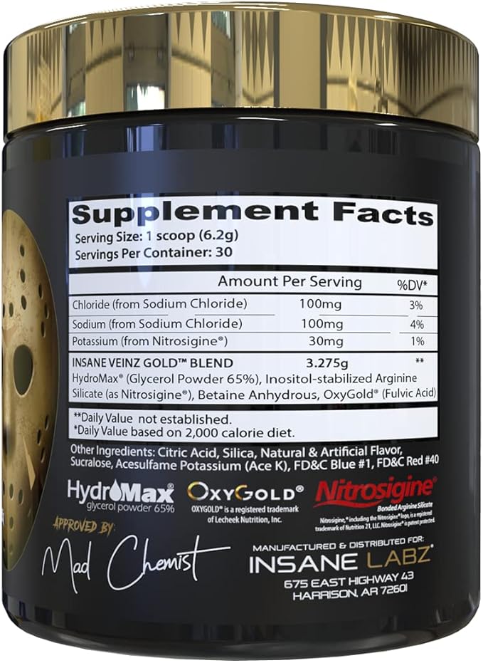 Insane Labz Insane Veinz Gold, Nitric Oxide Non Stimulant pre Workout Powder, Loaded with Hydromax, Nitrosigine, Increases Vascularity and Blood Flow, 30 Srvgs, Grape