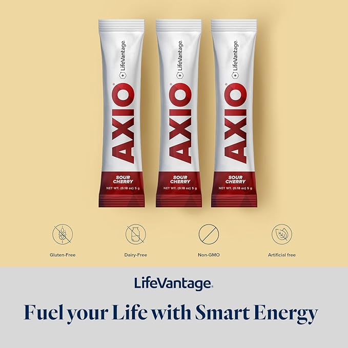 LifeVantage - AXIO - Regular Energy Drink Powder, Sour Cherry - with B Vitamins, DMAE, L-Theanine, Quercetin, Green Tea and Pine Bark - 30 Packets