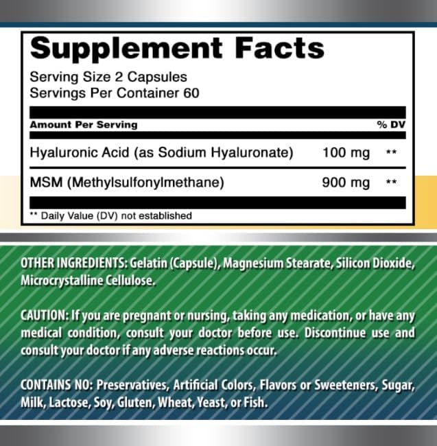 Amazing Formulas Hyaluronic Acid & MSM Supplement | 500 Mg | 120 Capsules | Non-GMO | Gluten-Free | Made in USA