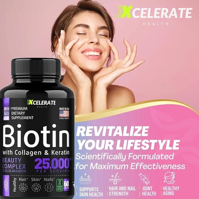 Radiant Glow Complex with Collagen Biotin Keratin Niacin Folate Vitamin B12 & D Skin Hair and Nail Health 25,000