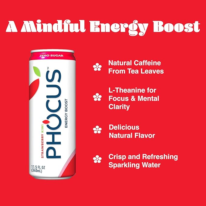 PHOCUS Energy Drink, Strawberry Kiwi Sparkling Water, 75mg Natural Caffeine Plus L-Theanine, Zero Sugar, Zero Calories, No Artificial Sweeteners, 11.5 fl oz Cans (Pack of 12)