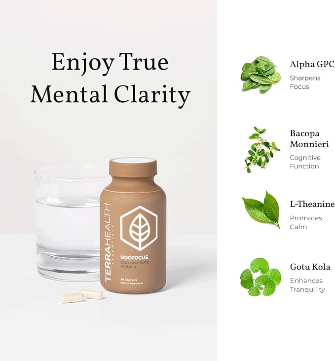 Terra Health Essentials NOOFOCUS - Nootropics Brain Support Supplement with Adaptogenic Mushrooms, Alpha-GPC, Gotu Kola, L-Theanine for Focus & Memory - All Natural, 30 Day Supply