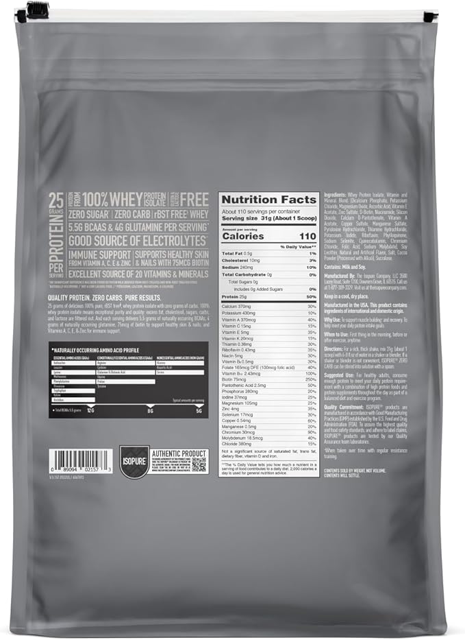 Isopure Zero Carb 100% Pure Whey Isolate Protein Powder, Lactose Free, Gluten Free, With Vitamins, Cookies & Cream, 25g Protein Per Serving, 7.5 Lbs, 110 Servings
