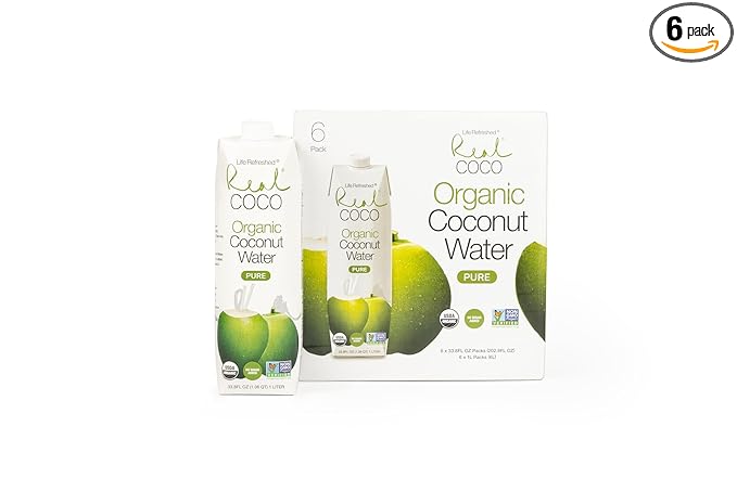 Real Coco Organic Pure Coconut Water (6-Pack 1L), USDA Organic, No Added Sugar, Plant Based, Packed with Electrolytes, Vegan