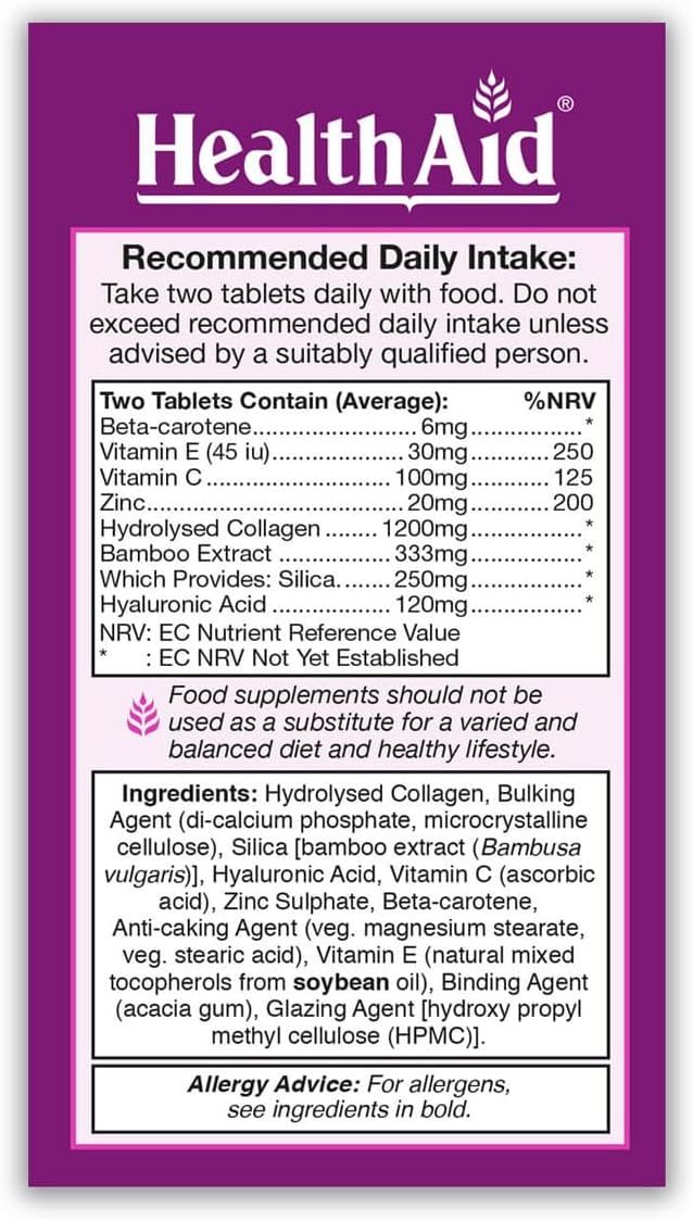 Collagen Complex, Marine Collagen and Hyaluronic Acid, Vitamin C, E, and Zinc, 2 Tablets Daily, Healthaid America