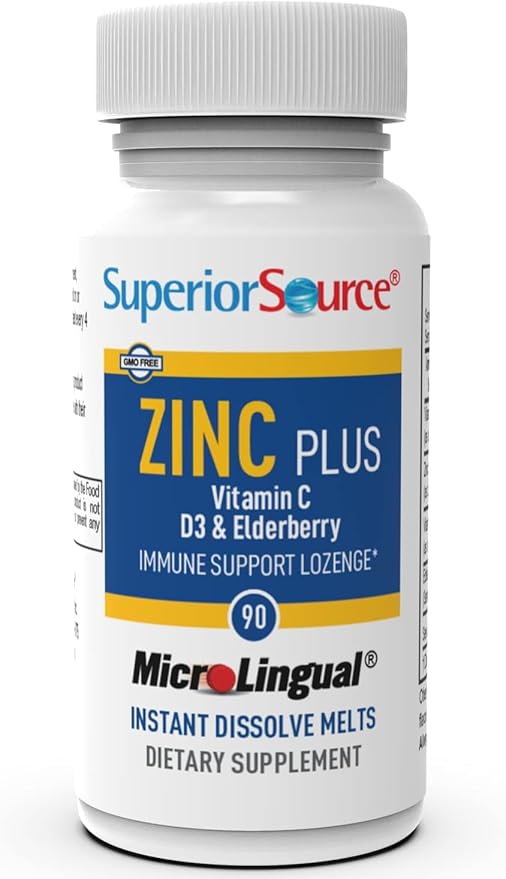 Superior Source Zinc Plus - Immune System Health Support Supplement - Vitamin C, Elderberry & Vitamin D3-90 Instant Dissolve Tablets
