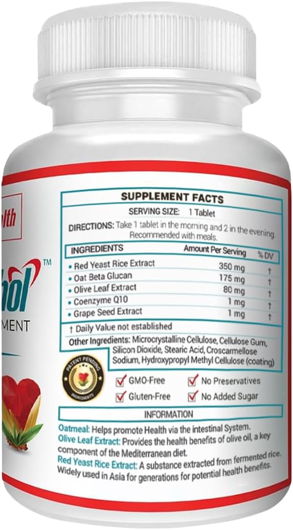 Advanced Cholesterol Support Formula | 90 Vegan Tablets | Red Yeast Rice Extract, Olive Oil, Oatmeal, CoQ10, Grape Seed Extract