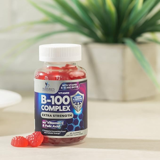 B Complex Gummy with Vitamin C & Folic Acid, Extra Strength Vitamin B Gummies Supplement with Niacin, B6, Folic Acid, Super B12, Biotin, Nature's Energy Immune Support Supplements - 60 Gummies