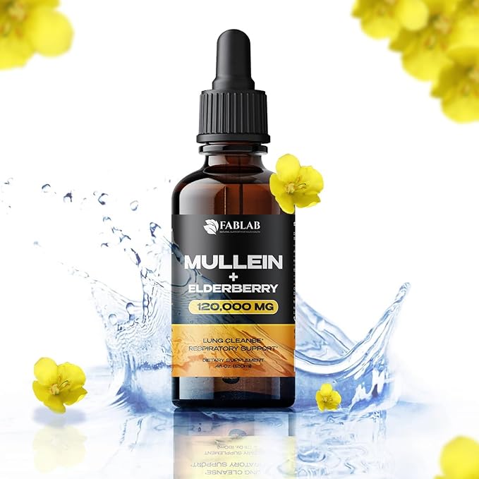 FabLab Mullein Leaf Extract with Elderberry 4 Fl Oz - Made in USA - Drops for Better Lung - Mullein Tincture for Lung Detox - Bronchial Cleanse for Smokers - Respiratory Herbal Supplement