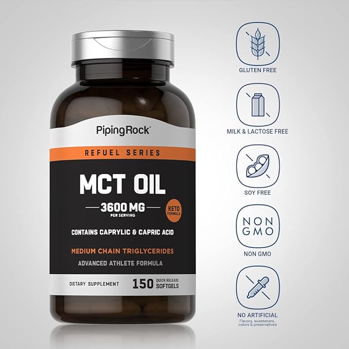 Piping Rock MCT Oil Softgel Capsules | 3600mg | 150 Pills | Keto-Approved | Non-GMO, Gluten Free Supplement