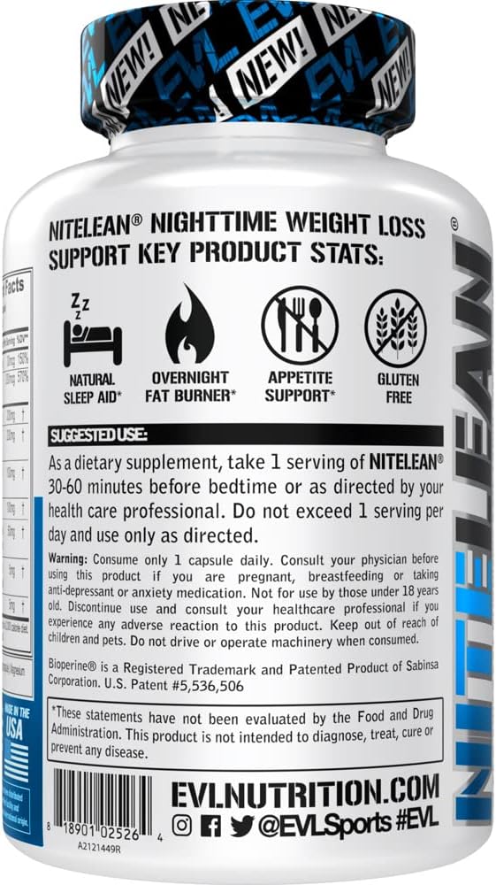 Evlution EVL Night Time Fat Burner Appetite Suppressant for Weight Loss Diet Pills - Natural Rest Aid, Metabolism Booster for Women & Men - NiteLean Weight Loss Supplements (30 Servings)