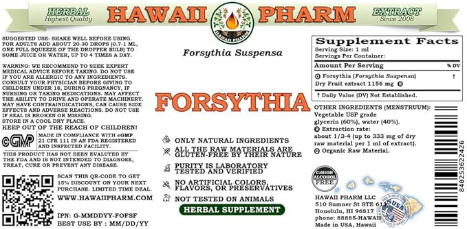 Forsythia - Your Natural Shield and Effective Protection, Alcohol-Free Liquid Extract, Organic Forsythia (Forsythia Suspensa) Dried Fruit Glycerite 2 oz