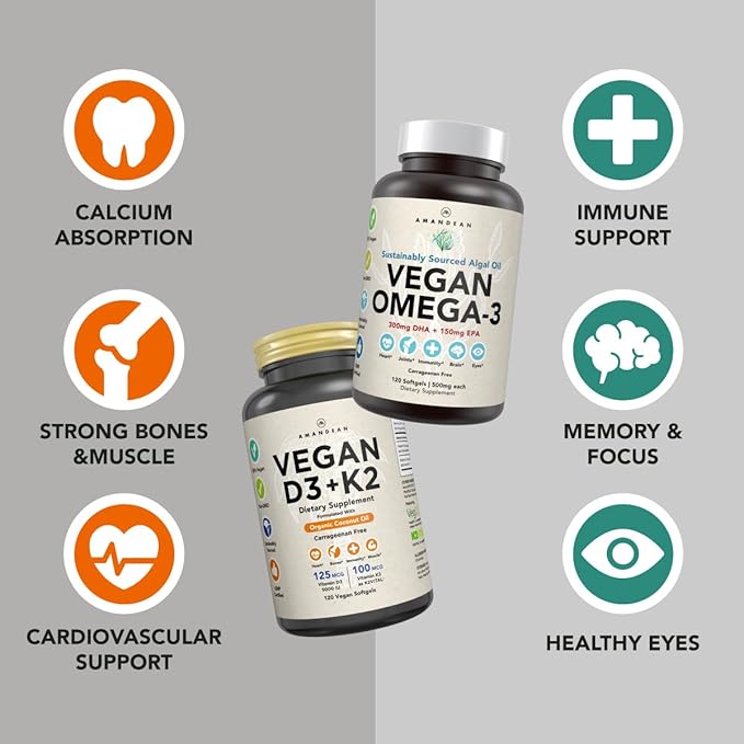 Vegan Powerhouse Combo. Omega-3 from Algal Oil & Vitamin D3 + K2. Plant-Based 5000 iu VIT D from Algae. 100 mcg All-Trans MK-7 Vita K. Carrageenan Free Veggie Softgels.