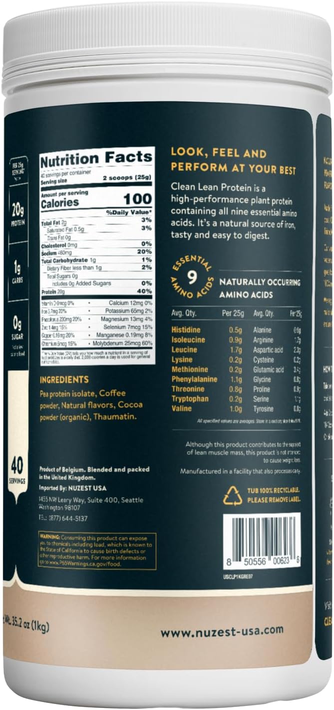 Nuzest - Pea Protein Powder - Clean Lean Protein, Premium Vegan Plant Based Protein Powder, Dairy Free, Gluten Free, GMO Free, Naturally Sweetened Protein Shake, Real Coffee, 40 Servings, 2.2 lb
