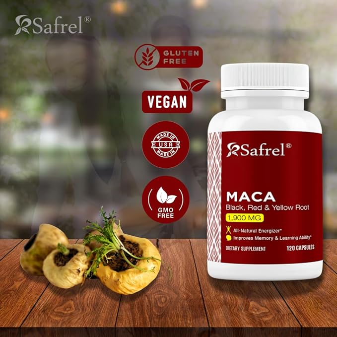 Safrel Organic Maca Root Black, Red, Yellow 1900 MG per Serving - 120 Vegan Capsules Peruvian Maca Root Gelatinized 100% Pure Non-GMO Supports Reproductive Health Natural Energizer