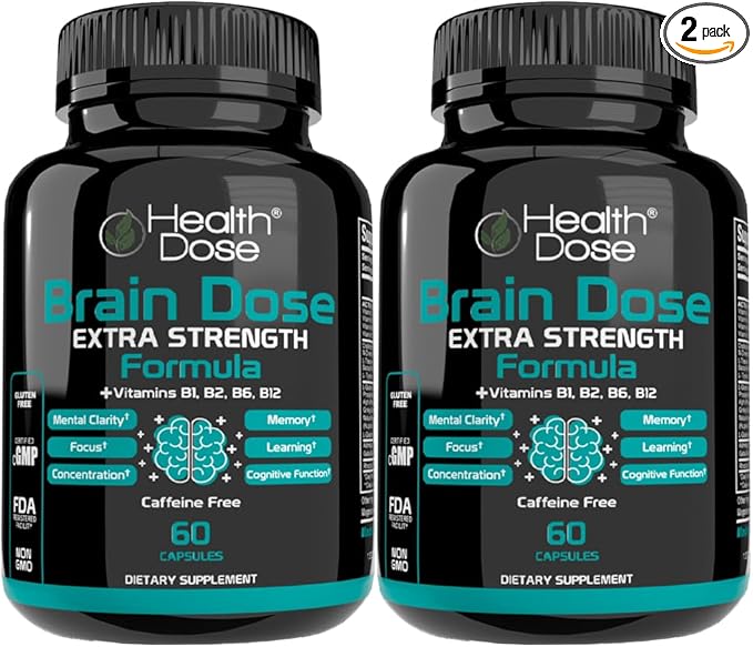Brain Dose Premium Nootropics - Caffeine-Free Extra Strength Formula for Men & Women - Supports Brain Health, Cognitive Focus & Memory Retention, Pack of 2.