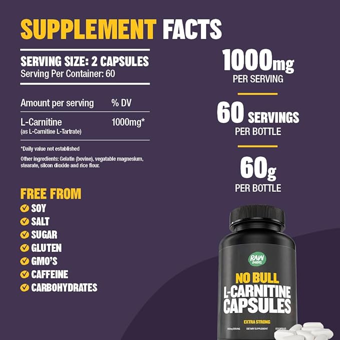 “No Bull” L-Carnitine Supplement, Pure Keto-Friendly L-Carnitine L-Tartrate Capsules for Improved Cognitive Function & Focus for Women and Men, L Carnitine Capsules, 500mg