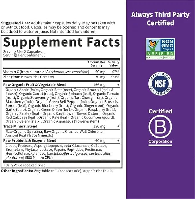 Garden of Life Zinc Supplements 30mg High Potency Raw Zinc and Vitamin C Multimineral Supplement, Vitamin Code Vitamins Trace Minerals & Probiotics for Skin Health & Immune Support, 60 Vegan Capsules