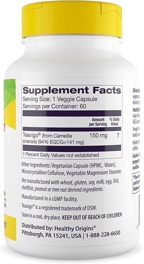 Healthy Origins Teavigo 150 mg (94% Egcg, Green Tea Extract, Non-GMO, Gluten Free, Antoixidant), 60 Veggie Caps