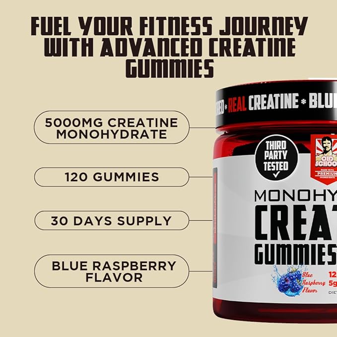 Old School Labs Creatine Monohydrate Gummies - 5g per Serving Best Creatine for Men and Women, Gain Muscle, Max Absorption, Increase Strength, Boost Memory, Maximize Muscle Growth - 120 Vegan Gummies