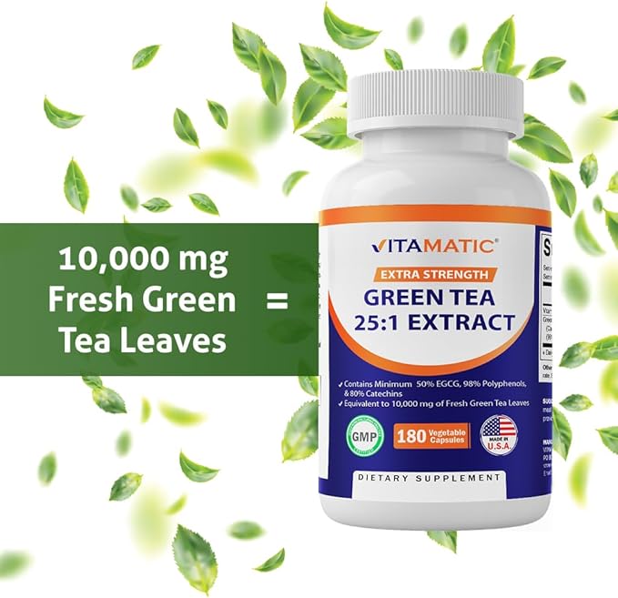 Vitamatic Green Tea Extract with Vitamin C, 25X Concentrate, 98% Polyphenols, 80% Catechins, 50% EGCG, 180 Veg Capsules