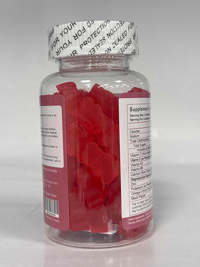 Potassium Magnesium Gummies - High Absorption Magnesium Glycinate & Potassium Citrate 200mg Plus Omega 3, B6, D3, K2 & Calcium - Chewable Gummy for Immunity & Energy - Strawberry Flavor - 60 Count