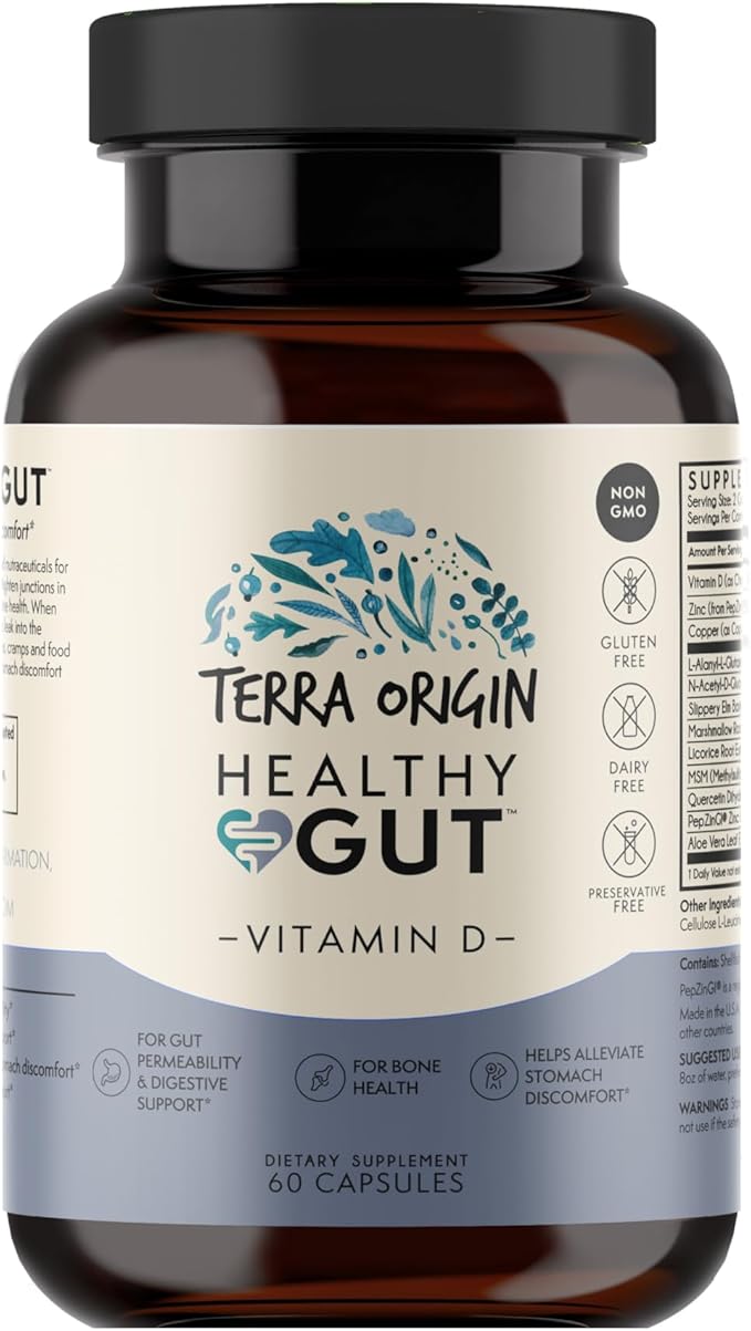 TERRA ORIGIN Healthy Gut with Vitamin D 5000 IU | 60 Capsules | Gut Health Supplements for Men and Women | Supports Digestion and Gas