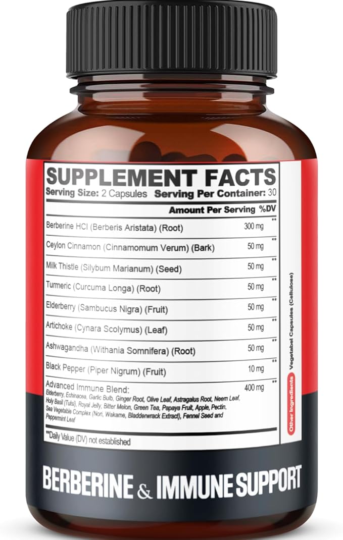 Premium Berberine Supplement with Ceylon, Ashwagandha, Turmeric, Milk Thistle, Elderberry & Black Pepper - Supports Immune System, Cardiovascular & Gastrointestinal - 60 Capsules
