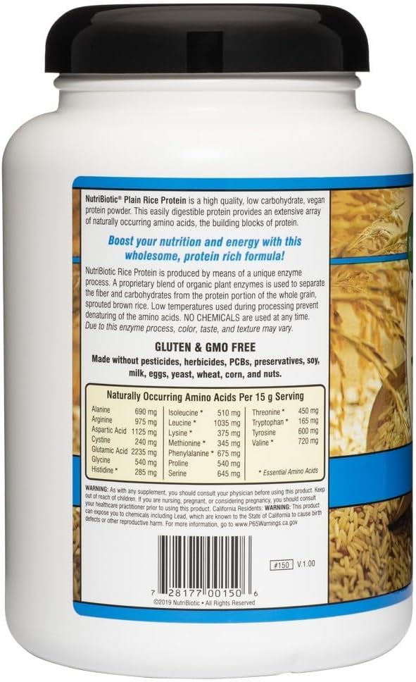NutriBiotic – Plain Rice Protein, 1 Lb 5 oz (600g) - Low Carb, Keto-Friendly, Vegan, Raw Protein Powder - Grown & Processed Without Chemicals, GMOs or Gluten - Easy to Digest & Nutrient-Rich