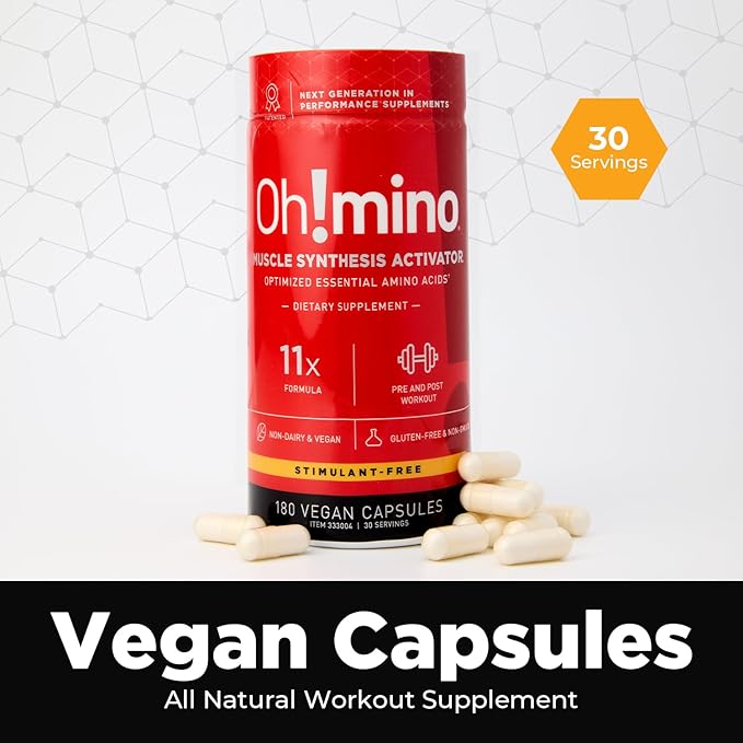 Oh!mino Amino Acids Supplement for Protein Synthesis - EAAs Capsules for Muscle Recovery, Pre & Post Workout - Non Caffeine, Non Dairy, Vegan, Zero Sugar & Net Carbs (180-Count, 30 Servings)
