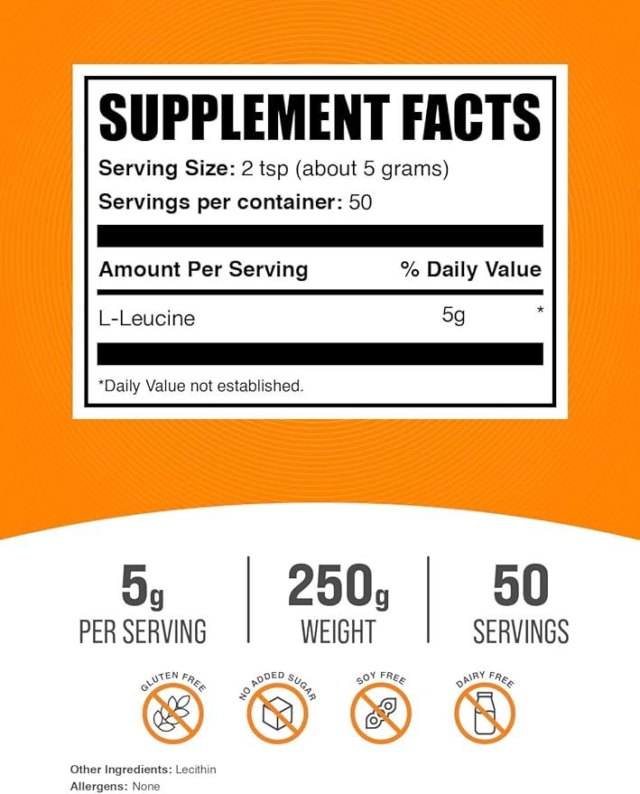 BulkSupplements.com L-Leucine Powder - Leucine Supplements, Leucine Amino Acid - BCAA Supplements, Leucine Powder - Unflavored & Gluten Free, 5000mg per Serving, 250g (8.8 oz)